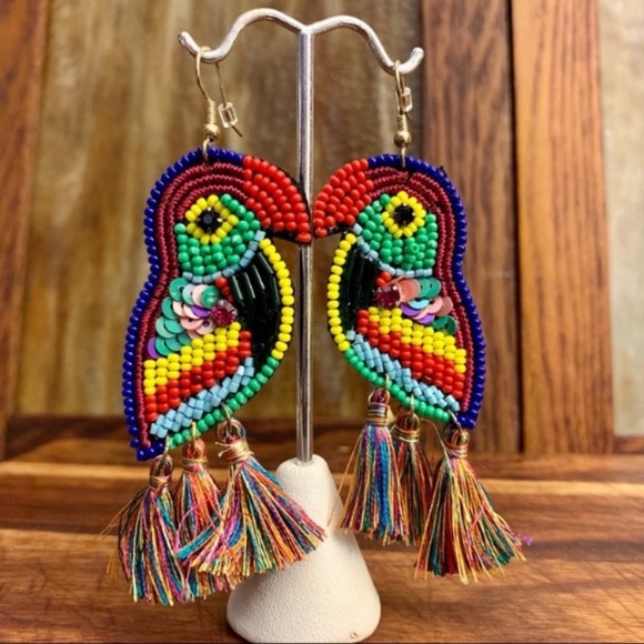 Multi Bead Sequin Parrot Tassel Dangler Earrings Red/Purple Multi - Picture 3 of 5
